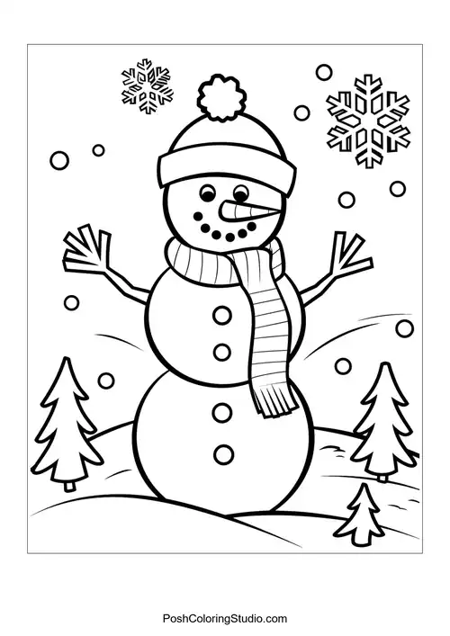 A snowman with a scarf and snowflakes, in a winter landscape.