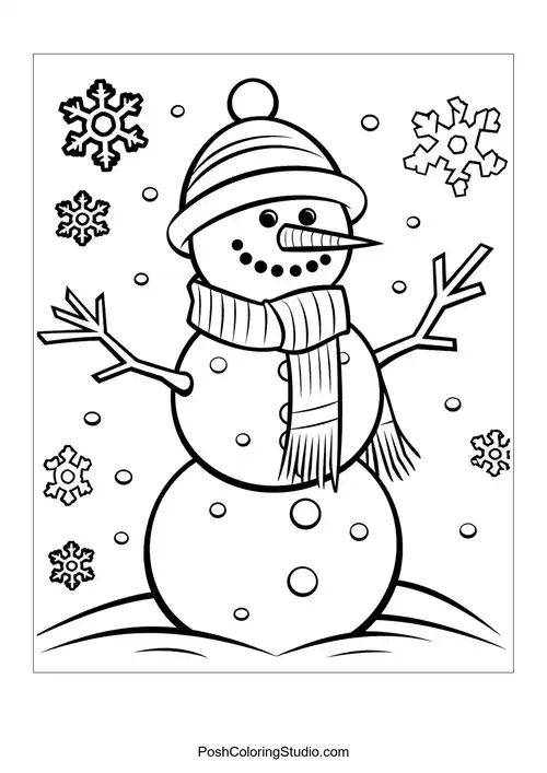 A snowman with a scarf and snowflakes, surrounded by trees.