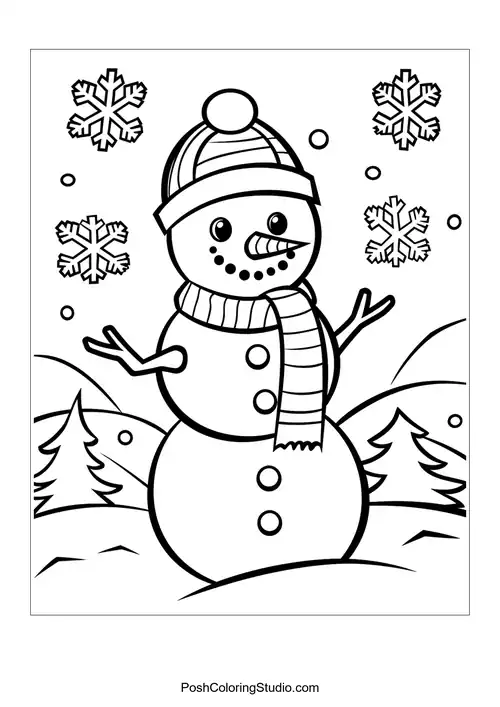A snowman with a scarf and snowflakes, in a snowy scene.