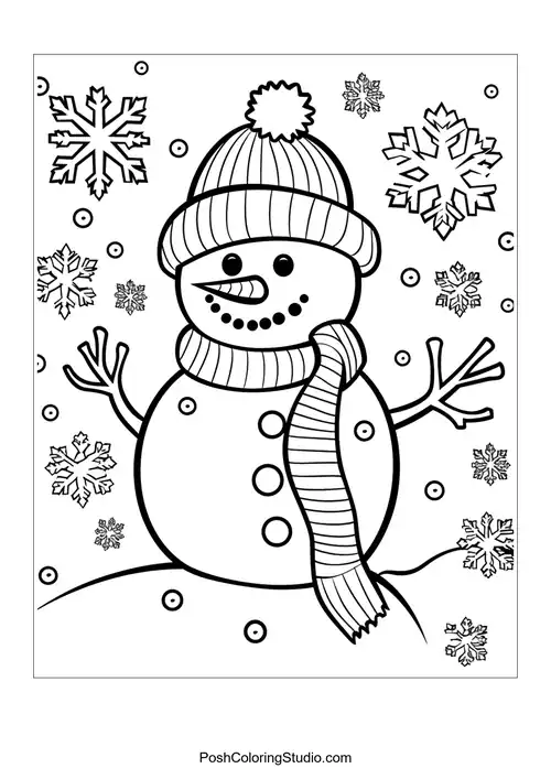 A snowman with a scarf and snowflakes, surrounded by trees.
