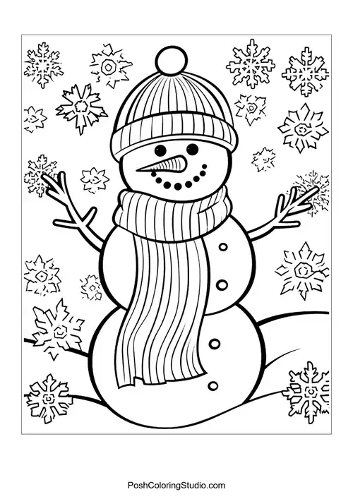 A snowman with a scarf and snowflakes, in a winter landscape.