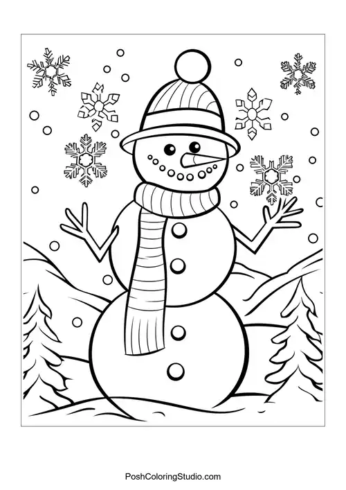 A cheerful snowman with a striped scarf and snowflakes around.