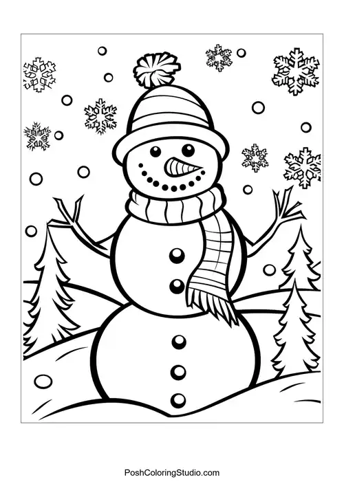 A snowman with a scarf and snowflakes in a winter scene.