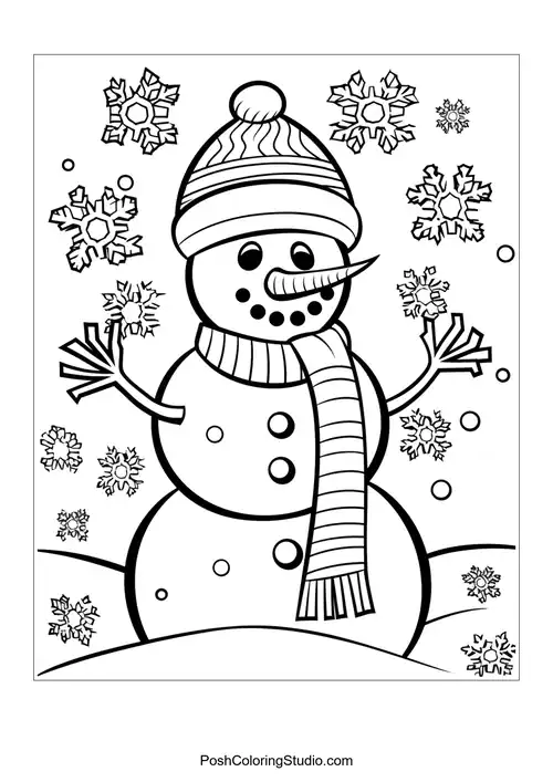 A snowman with a striped scarf and snowflakes surrounding it.