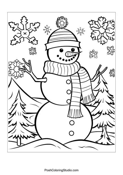 A snowman wearing a hat and surrounded by snowflakes.