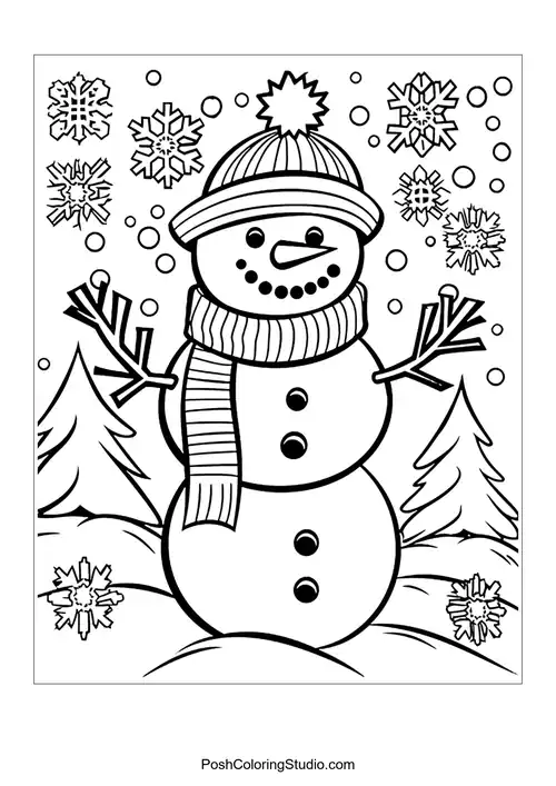 A snowman with a scarf and snowflakes, standing in a winter scene.