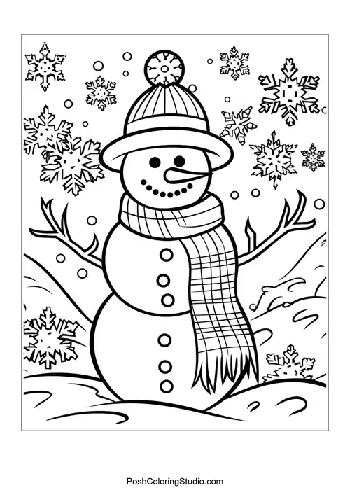 A snowman with a hat and scarf amidst falling snowflakes.
