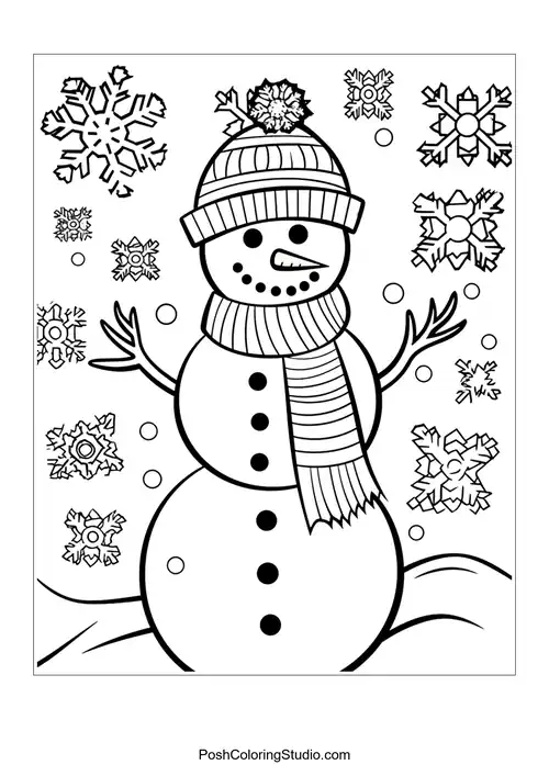 A snowman with a scarf and snowflakes in the background.