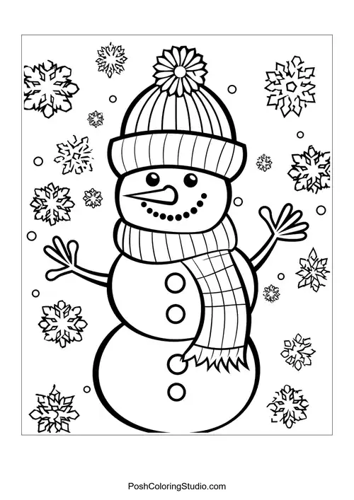 A snowman with a hat and snowflakes around it.