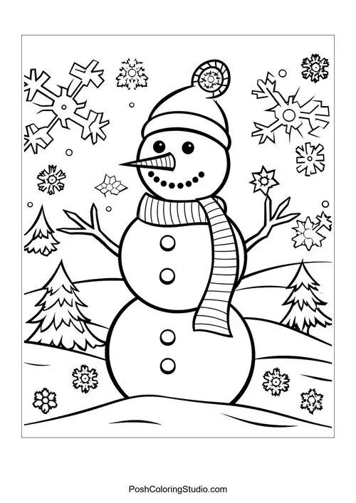 A snowman with a scarf and snowflakes in a winter scene.