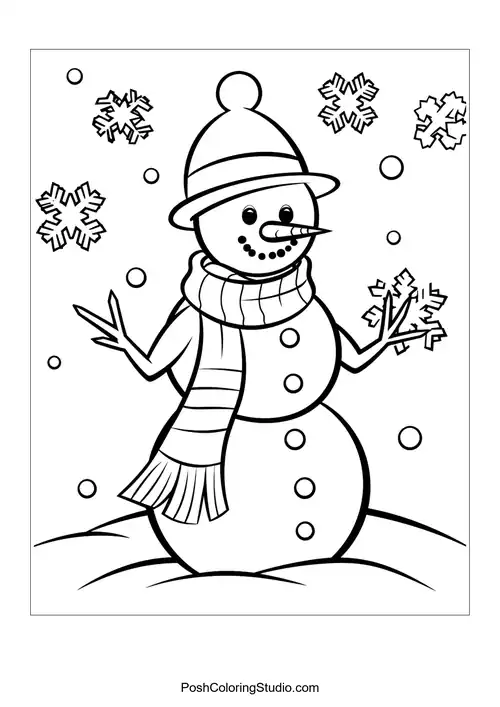 A snowman with a hat and scarf surrounded by snowflakes.