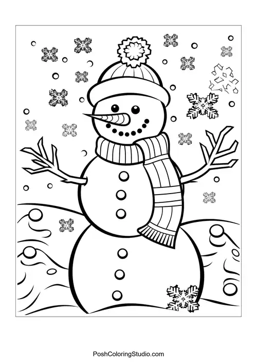 A snowman with a scarf and snowflakes in a winter landscape.