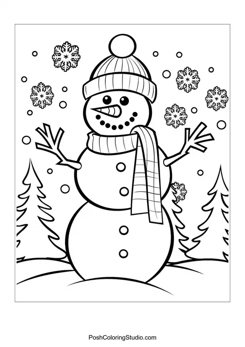 A snowman with a scarf and snowflakes around it.