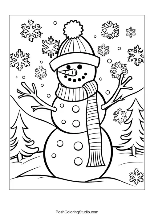 A snowman with a hat and scarf amidst falling snowflakes.