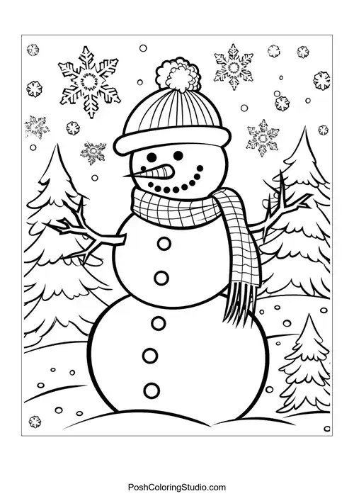 A snowman with a scarf and snowflakes in a winter scene.