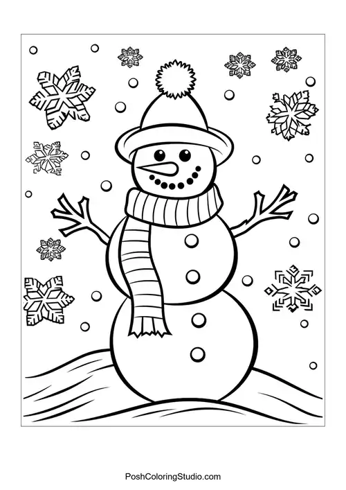 A snowman with a scarf and snowflakes around it.