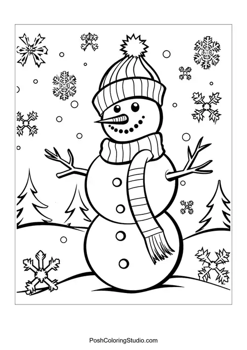 A snowman with a scarf and buttons, waving cheerfully.