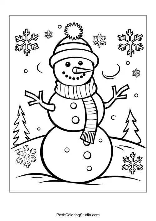 A snowman with a scarf and snowflakes in the background.