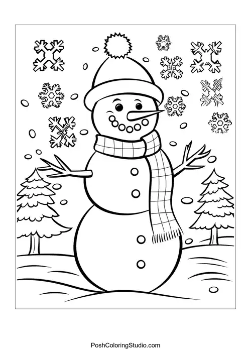 A snowman with a scarf and snowflakes, smiling broadly.