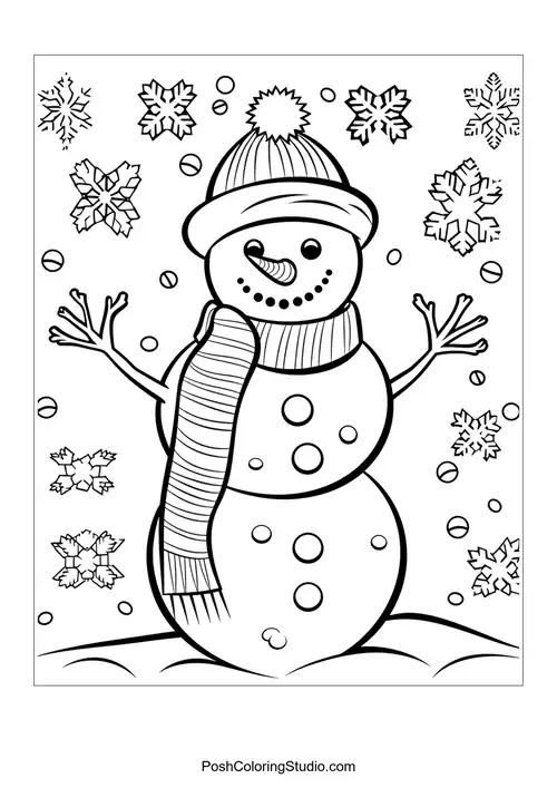 A snowman with a hat and scarf, surrounded by falling snowflakes.