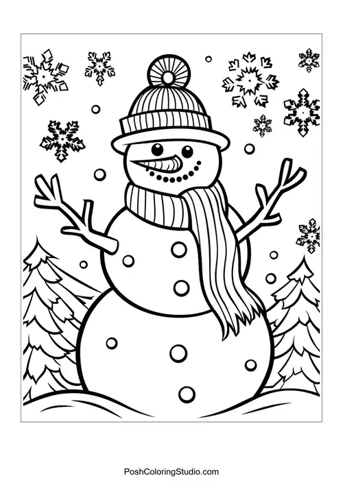 A snowman with a scarf and a carrot nose, in a snowy landscape.
