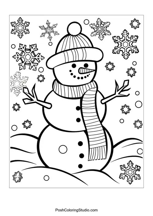 A snowman with a hat and scarf, smiling in a winter scene.